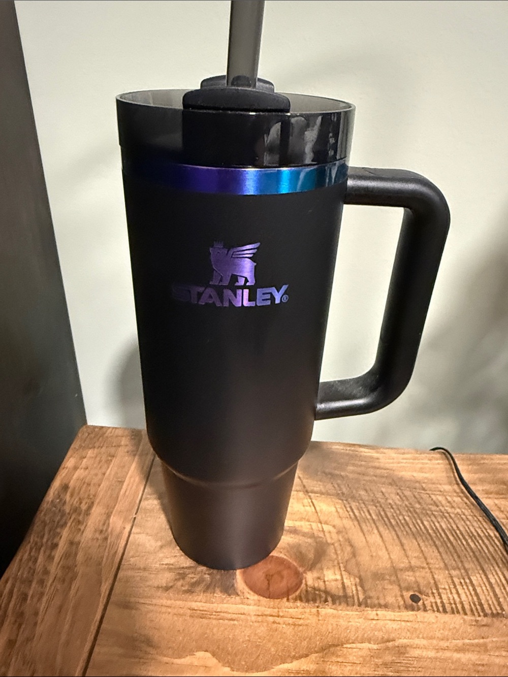 30 oz Stanley Matte Black Travel Mug with Iridescent Purple-Blue Band